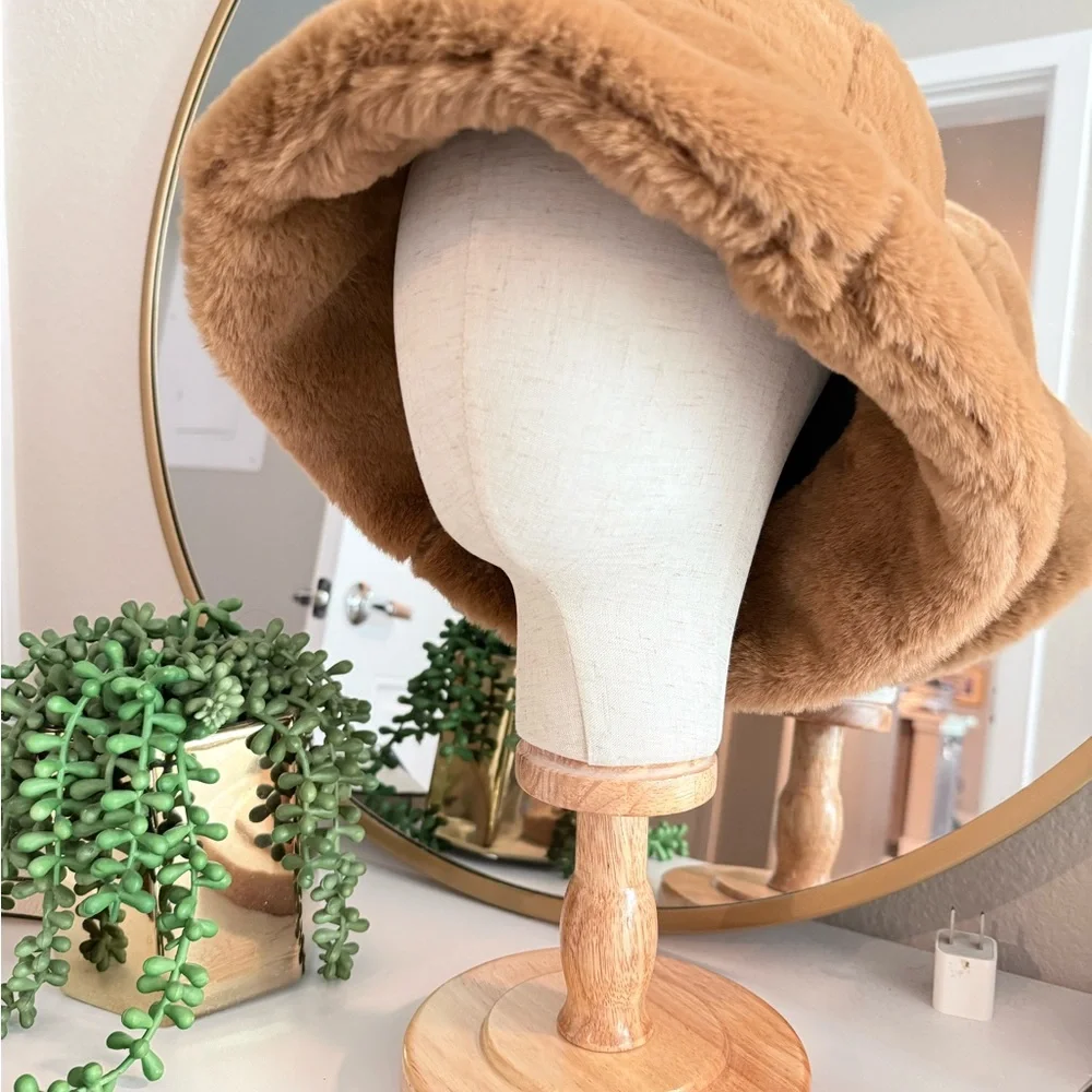 Faux Fur Camel Bucket Hat Cozy Winter Soft Plush Cloche Style